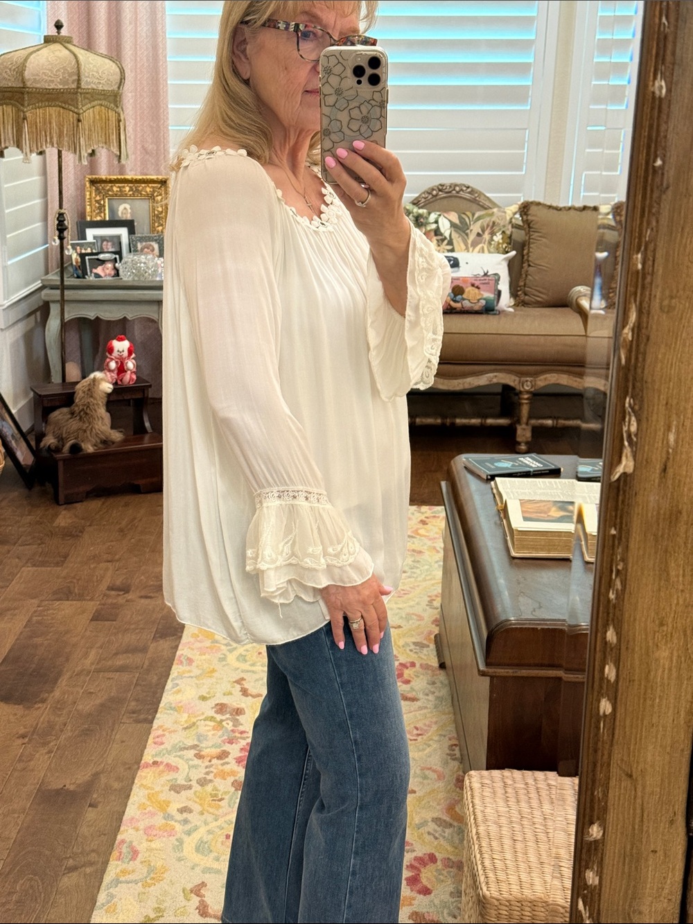 Elegant boho style White Blouse with Floral Accents by tempo Paris